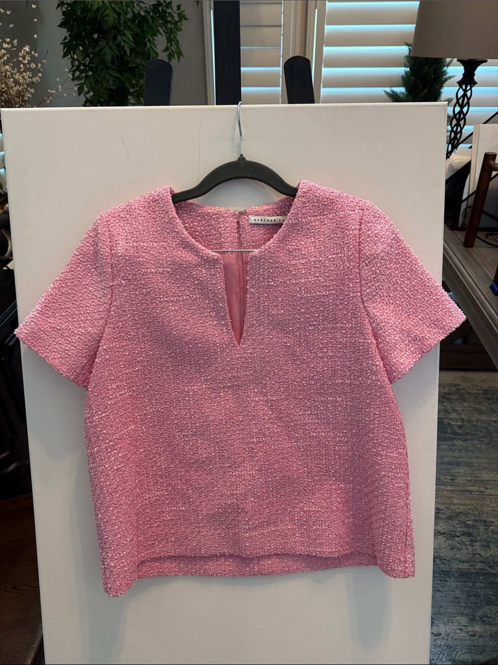 Endless Rose Pink Tweed Notch-Neck Short Sleeve Top